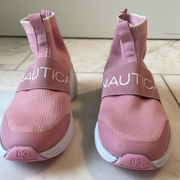 Nautica, girls 2, pink and iridescent white stretchy sock boot sneakers - Picture 2 of 9